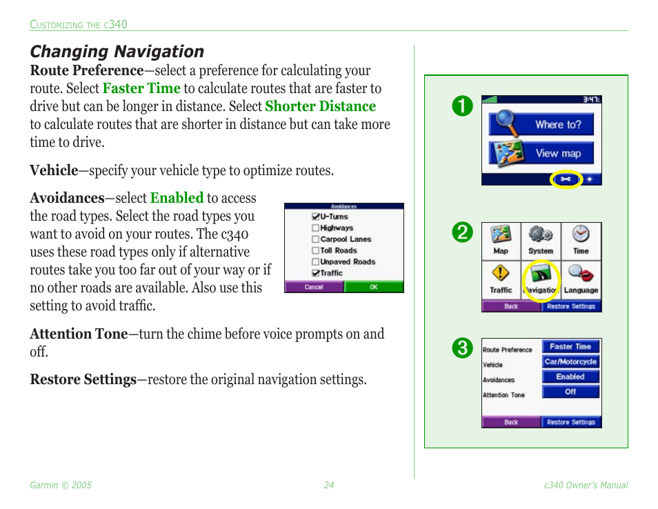 Changing navigation | Garmin StreetPilot c340 User Manual | Page 28 / 44