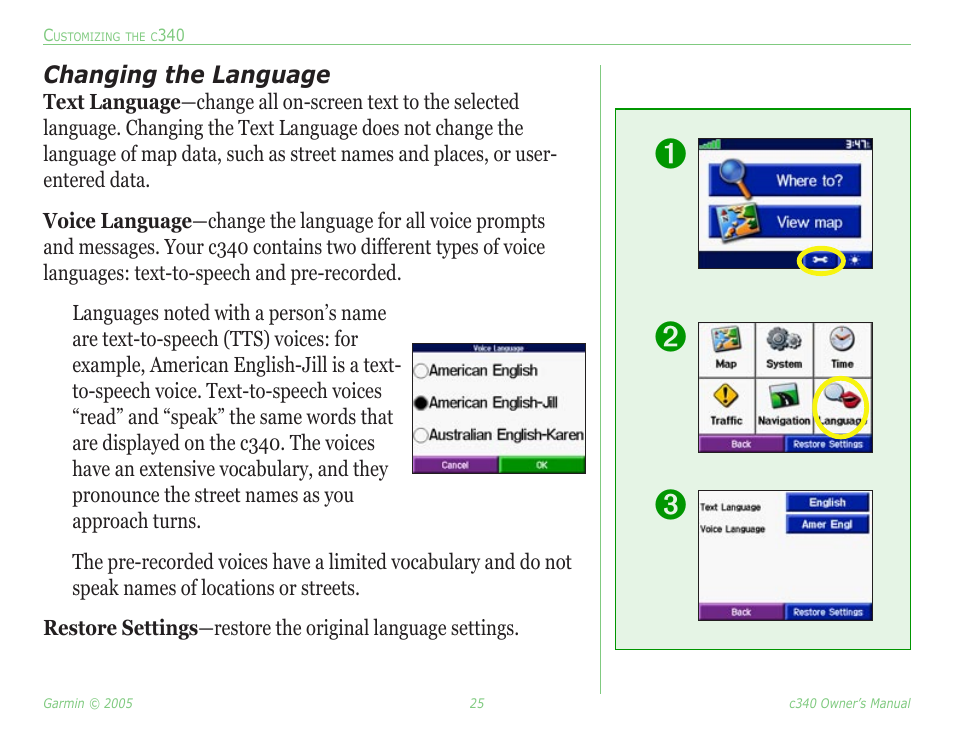 Changing the language | Garmin StreetPilot c340 User Manual | Page 29 / 44