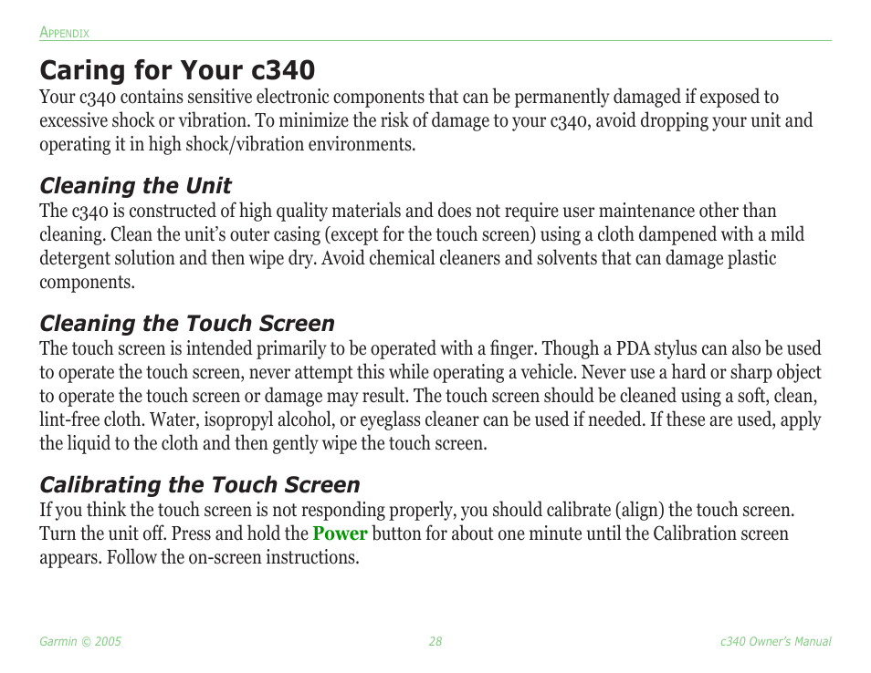 Caring for your c340, Cleaning the unit, Cleaning the touch screen | Calibrating the touch screen | Garmin StreetPilot c340 User Manual | Page 32 / 44