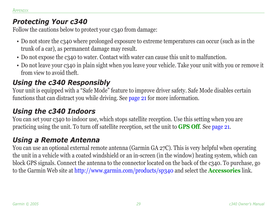 Protecting your c340, Using the c340 responsibly, Using the c340 indoors | Using a remote antenna | Garmin StreetPilot c340 User Manual | Page 33 / 44