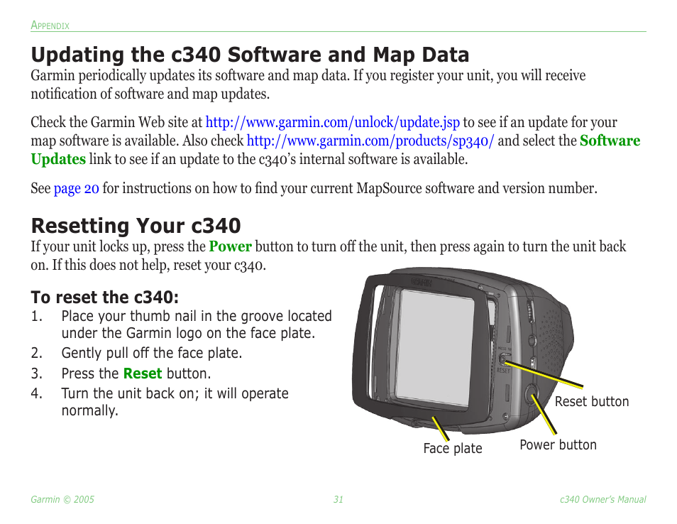 Updating the c340 software and map data, Resetting your c340, Updating the c340 software | And map data | Garmin StreetPilot c340 User Manual | Page 35 / 44