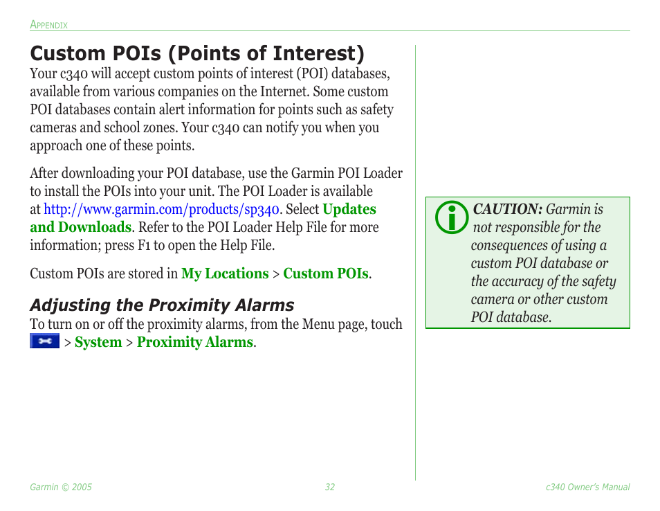 Custom pois (points of interest), Custom pois, Points of interest) | Garmin StreetPilot c340 User Manual | Page 36 / 44