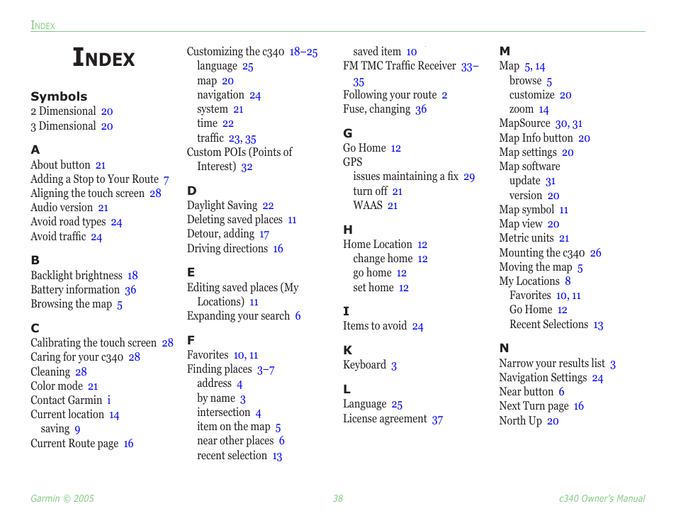 Index, Ndex | Garmin StreetPilot c340 User Manual | Page 42 / 44