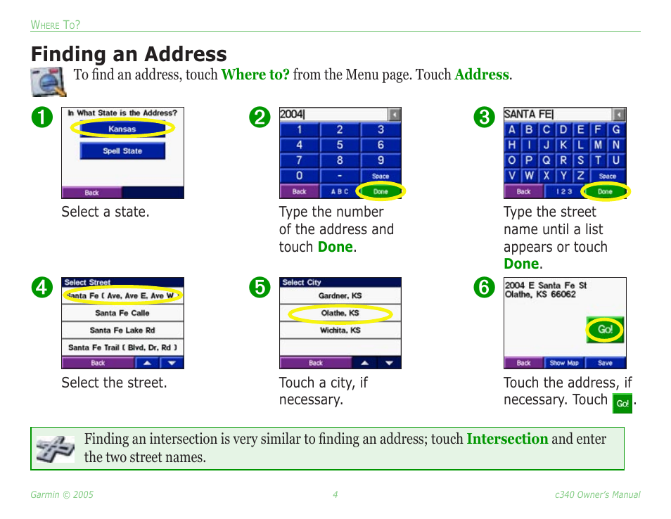 Finding an address | Garmin StreetPilot c340 User Manual | Page 8 / 44