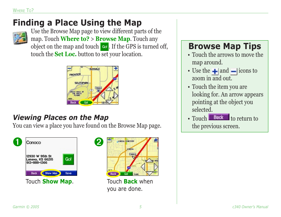 Finding a place using the map, Viewing places on the map, Finding a place using the map 5 | Browse map tips | Garmin StreetPilot c340 User Manual | Page 9 / 44