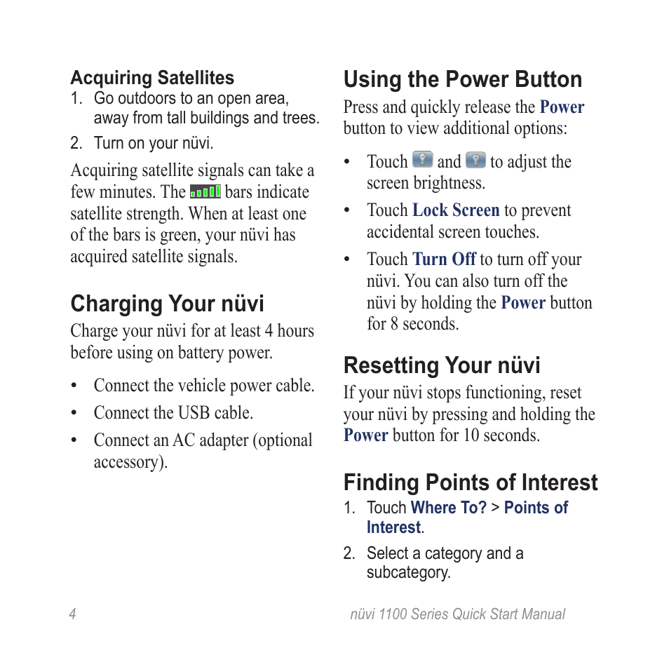 Charging your nüvi, Using the power button, Resetting your nüvi | Finding points of interest | Garmin nuvi 1100LM User Manual | Page 4 / 8