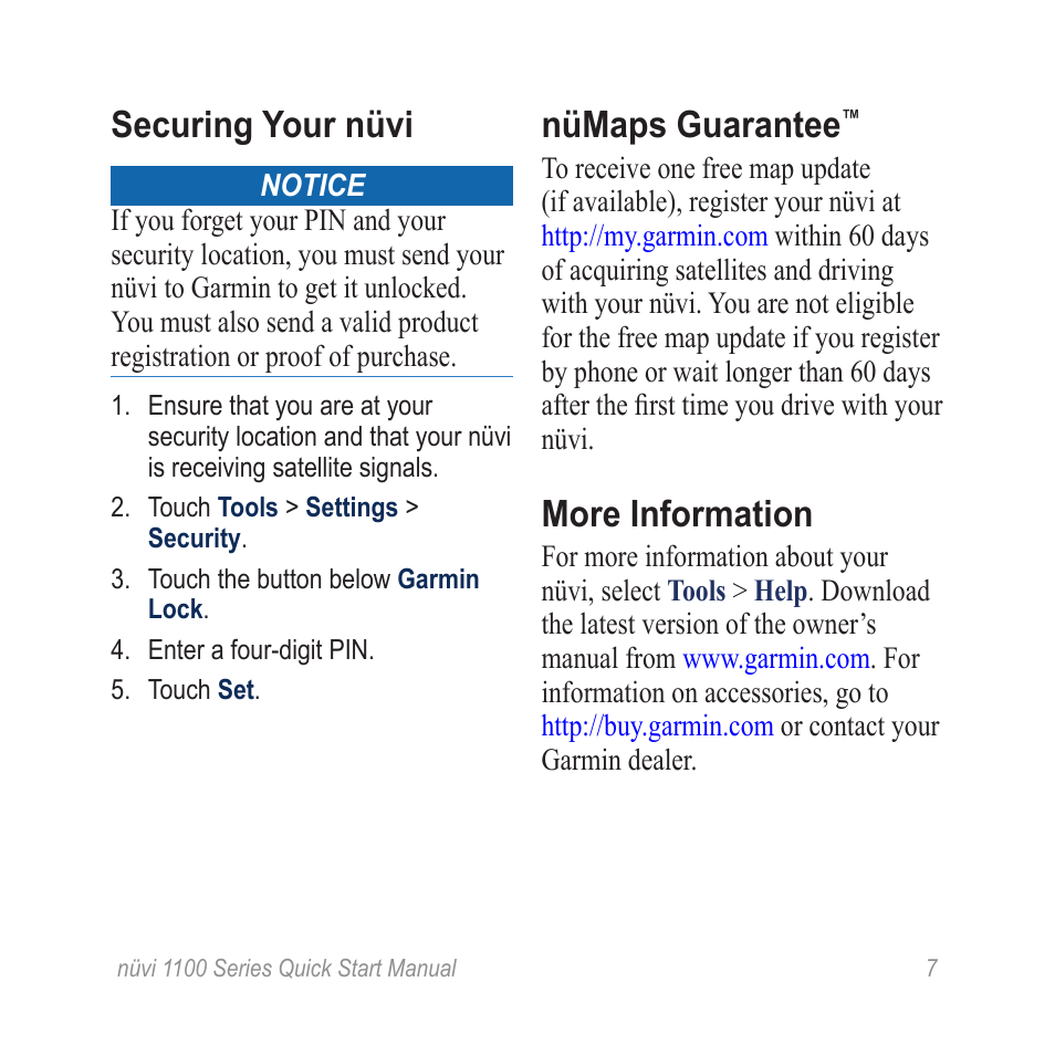 Securing your nüvi, Nümaps guarantee, More information | Garmin nuvi 1100LM User Manual | Page 7 / 8