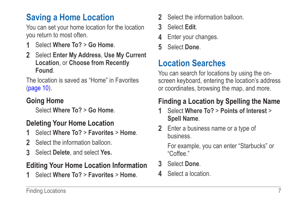 Saving a home location, Location searches, By spelling the name | Garmin nuvi 54LM User Manual | Page 11 / 32