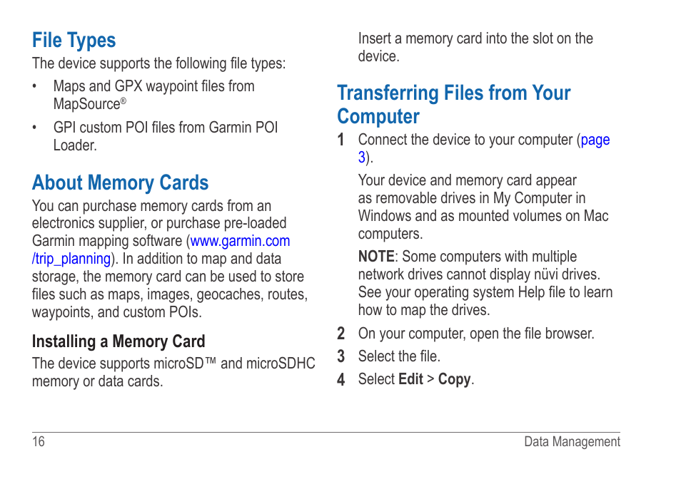 File types, About memory cards, Transferring files from your computer | Garmin nuvi 54LM User Manual | Page 20 / 32