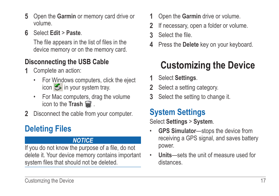 Deleting files, Customizing the device, System settings | Garmin nuvi 54LM User Manual | Page 21 / 32