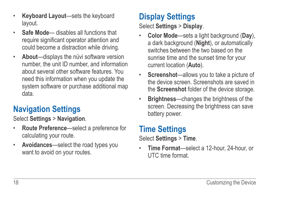 Navigation settings, Display settings, Time settings | Garmin nuvi 54LM User Manual | Page 22 / 32