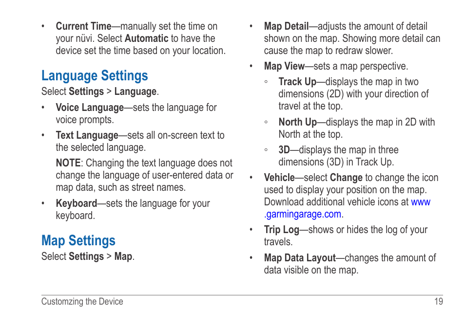 Language settings, Map settings | Garmin nuvi 54LM User Manual | Page 23 / 32