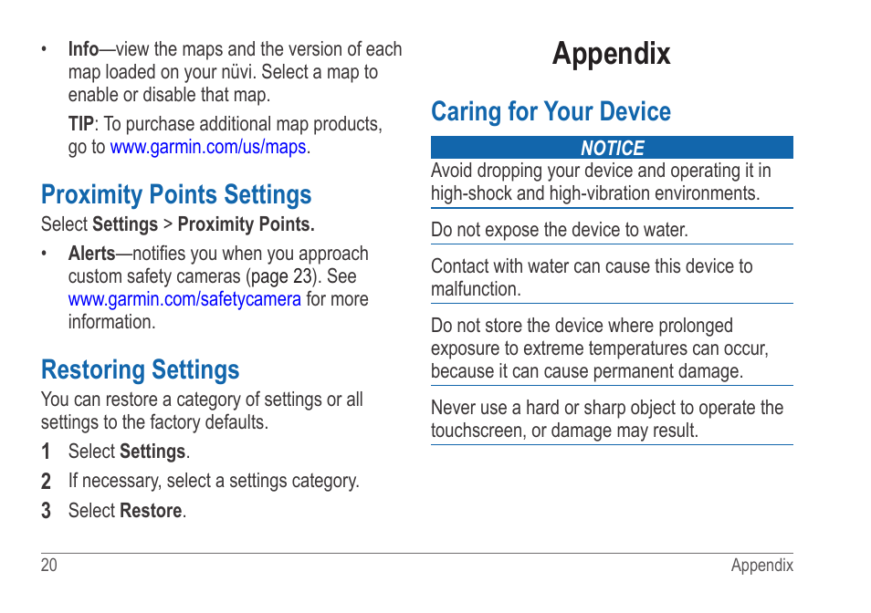 Proximity points settings, Restoring settings, Appendix | Caring for your device | Garmin nuvi 54LM User Manual | Page 24 / 32