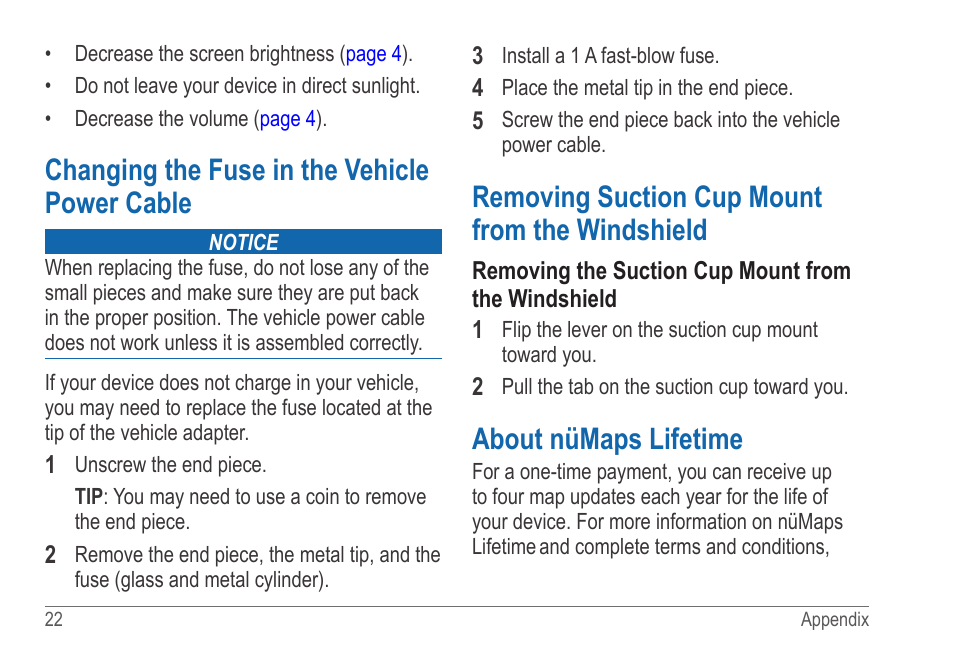 Changing the fuse in the vehicle power cable, Removing suction cup mount from the windshield, About nümaps lifetime | Changing the fuse in the vehicle power, Cable, Removing suction cup mount from the, Windshield | Garmin nuvi 54LM User Manual | Page 26 / 32