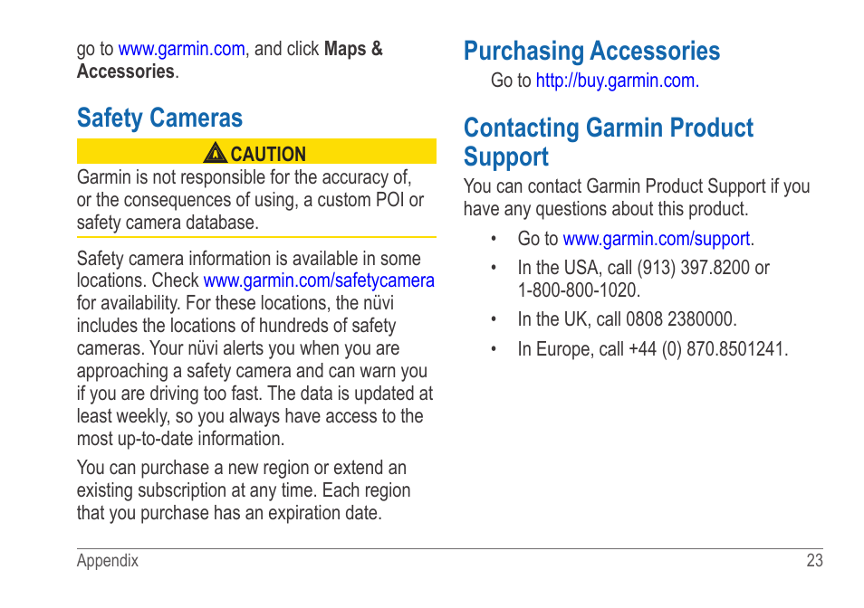 Safety cameras, Purchasing accessories, Contacting garmin product support | Garmin nuvi 54LM User Manual | Page 27 / 32