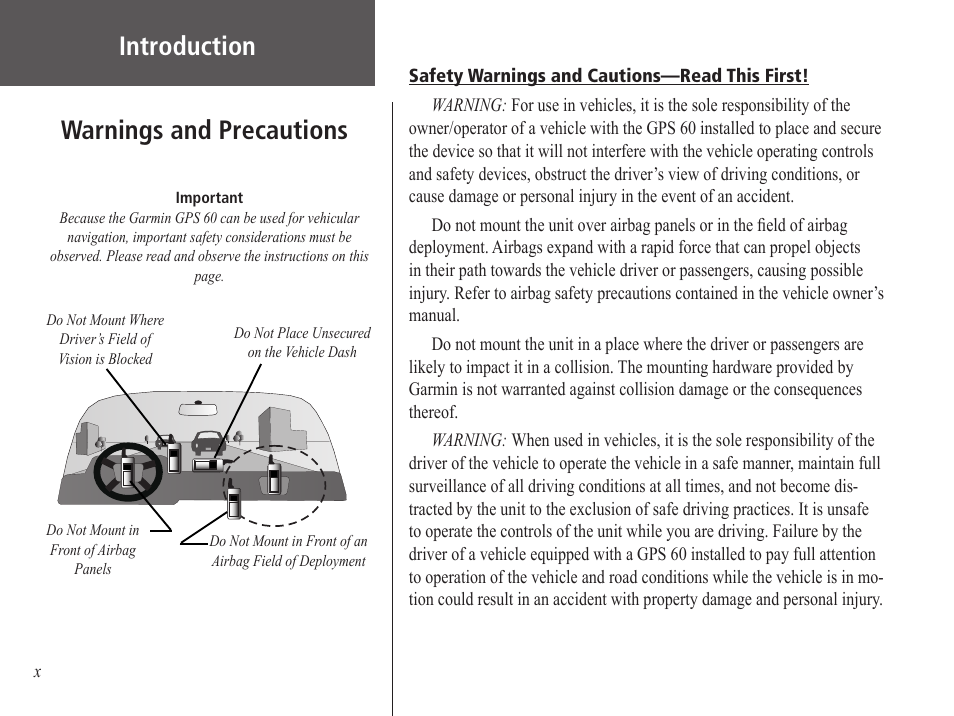 Introduction, Warnings and precautions | Garmin GPS 60 User Manual | Page 10 / 90