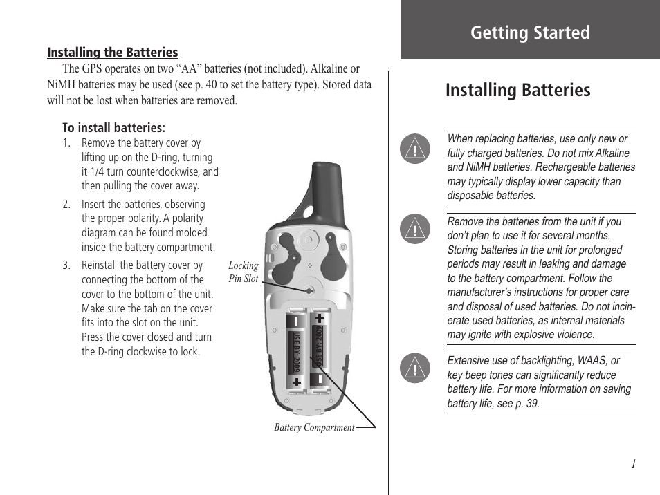 Getting started, Installing batteries, Installing batteries getting started | Garmin GPS 60 User Manual | Page 11 / 90