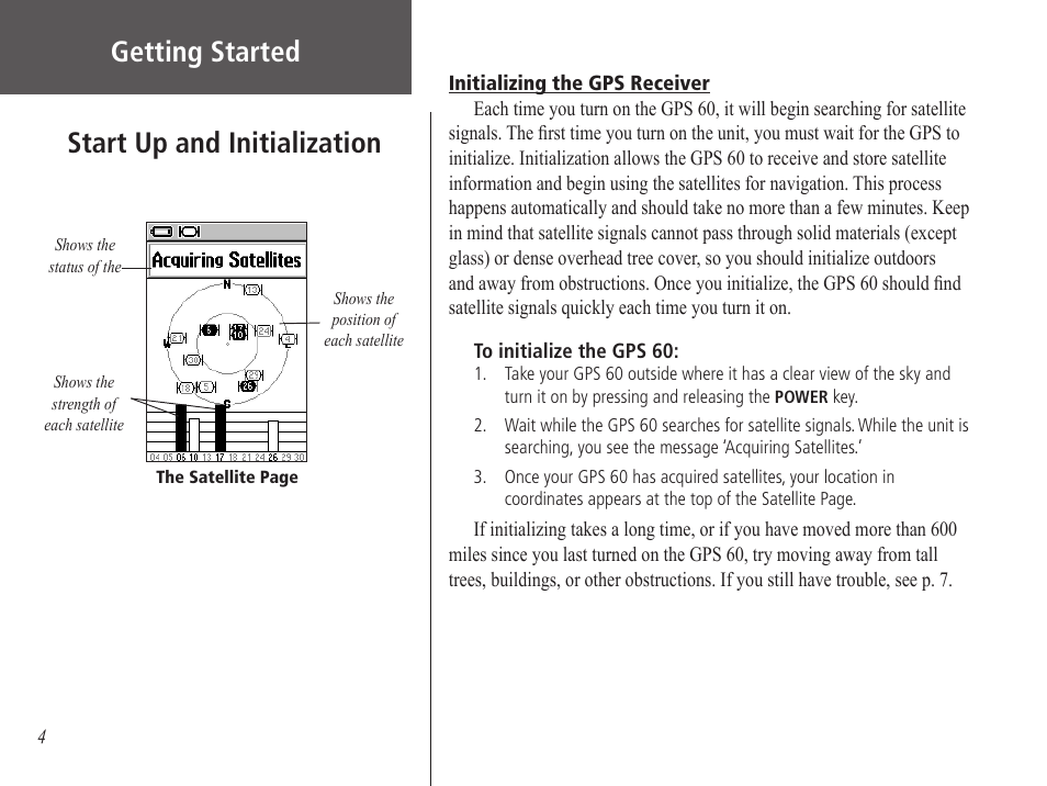 Start up and initialization, Initializing the gps receiver, Getting started | Garmin GPS 60 User Manual | Page 14 / 90