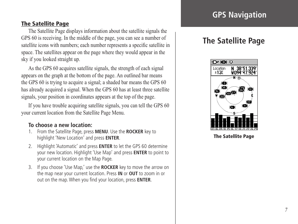 Gps navigation, The satellite page | Garmin GPS 60 User Manual | Page 17 / 90