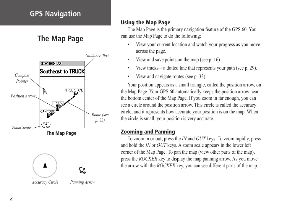 Zooming and panning, Gps navigation, The map page | Garmin GPS 60 User Manual | Page 18 / 90