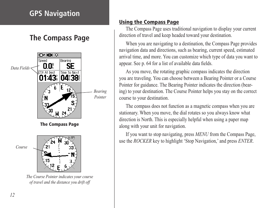 The compass page, Gps navigation | Garmin GPS 60 User Manual | Page 22 / 90