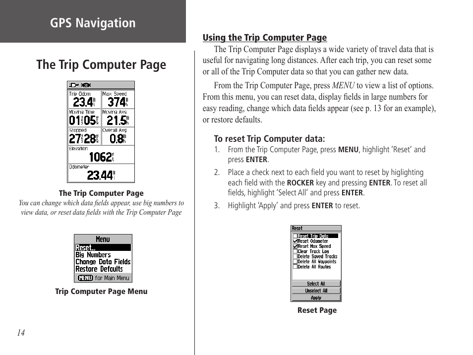 Gps navigation, The trip computer page | Garmin GPS 60 User Manual | Page 24 / 90