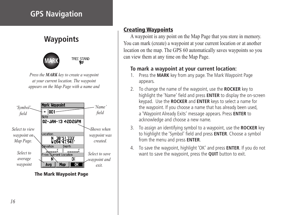 Waypoints, Creating waypoints, Gps navigation | Mark | Garmin GPS 60 User Manual | Page 26 / 90