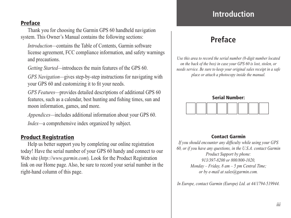 Introduction, Preface, Preface introduction | Garmin GPS 60 User Manual | Page 3 / 90
