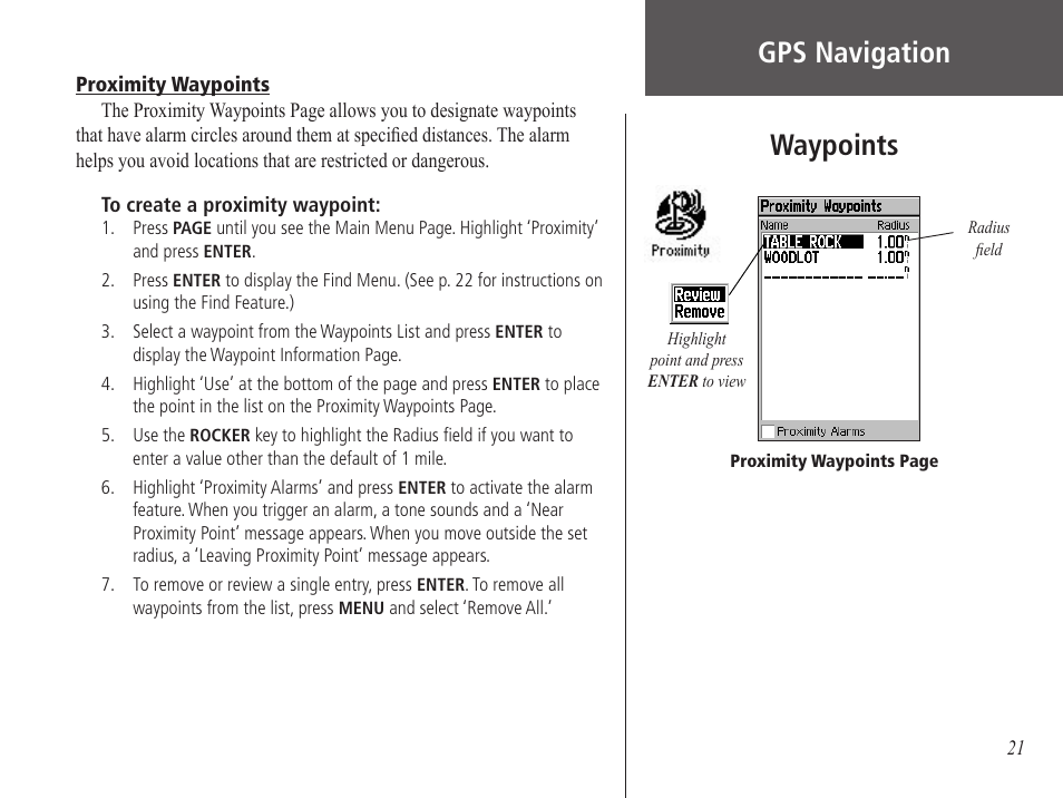 Proximity waypoints, Waypoints, Gps navigation | Garmin GPS 60 User Manual | Page 31 / 90