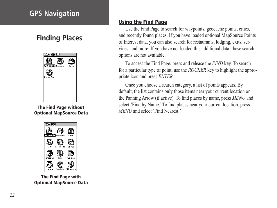 Finding places, Gps navigation | Garmin GPS 60 User Manual | Page 32 / 90