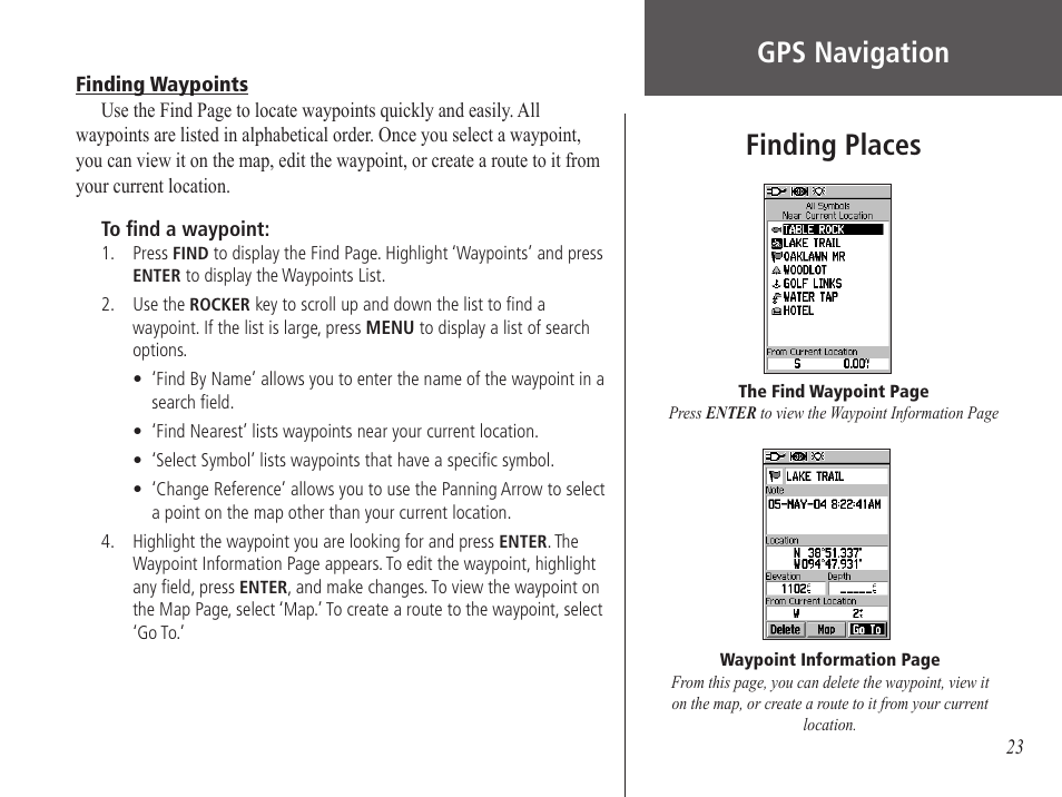 Finding waypoints, Gps navigation, Finding places | Garmin GPS 60 User Manual | Page 33 / 90