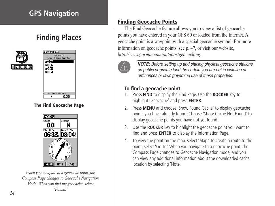 Finding geocache points, Gps navigation, Finding places | Garmin GPS 60 User Manual | Page 34 / 90