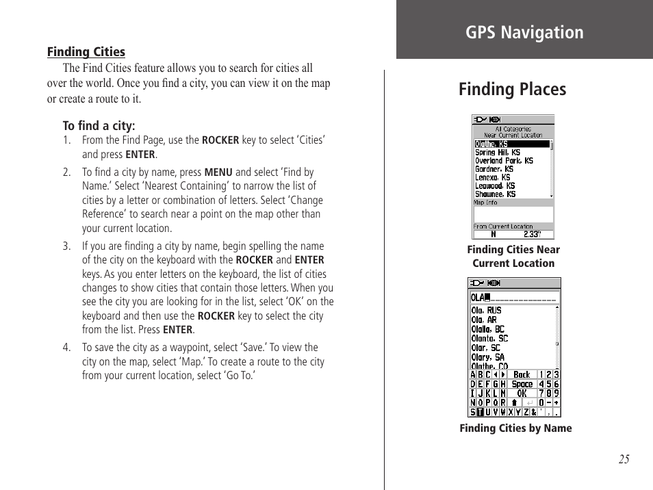 Finding cities, Gps navigation, Finding places | Garmin GPS 60 User Manual | Page 35 / 90