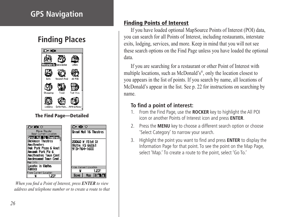 Finding points of interest, Gps navigation, Finding places | Garmin GPS 60 User Manual | Page 36 / 90