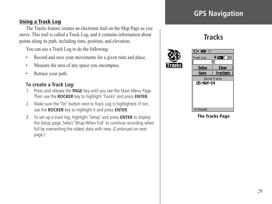 Tracks, Using a track log, Gps navigation | Garmin GPS 60 User Manual | Page 39 / 90