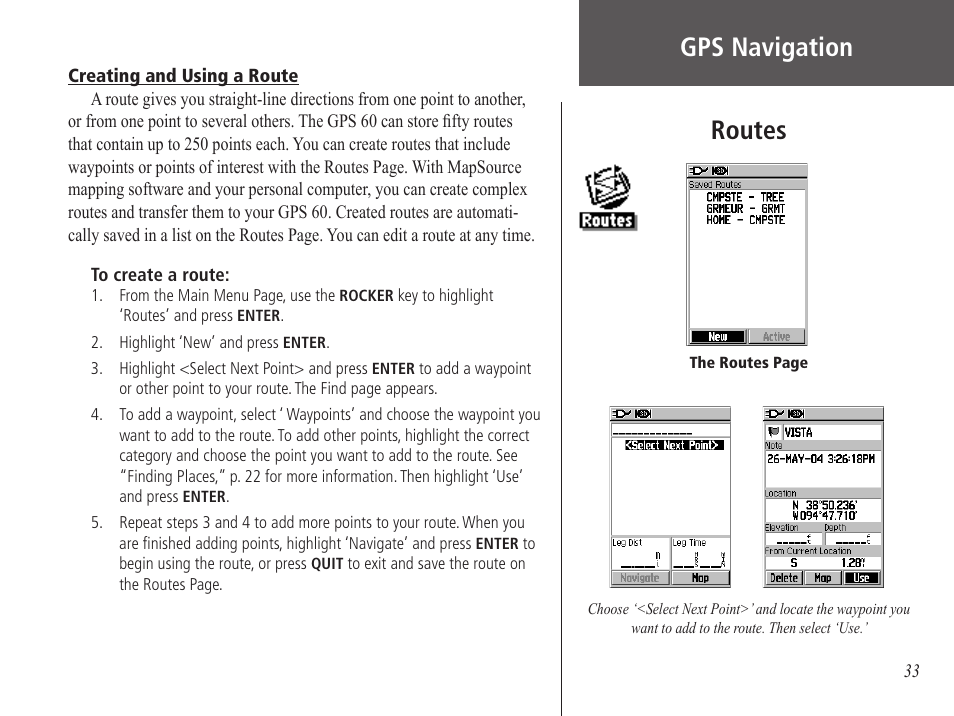 Creating and using a route, Routes, Gps navigation | Garmin GPS 60 User Manual | Page 43 / 90