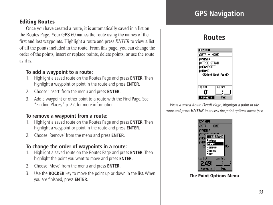 Editing routes, Gps navigation, Routes | Garmin GPS 60 User Manual | Page 45 / 90