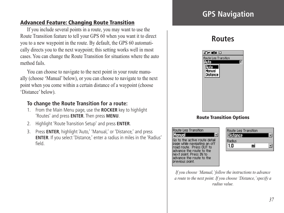 Advanced feature: changing route transition, Gps navigation, Routes | Garmin GPS 60 User Manual | Page 47 / 90