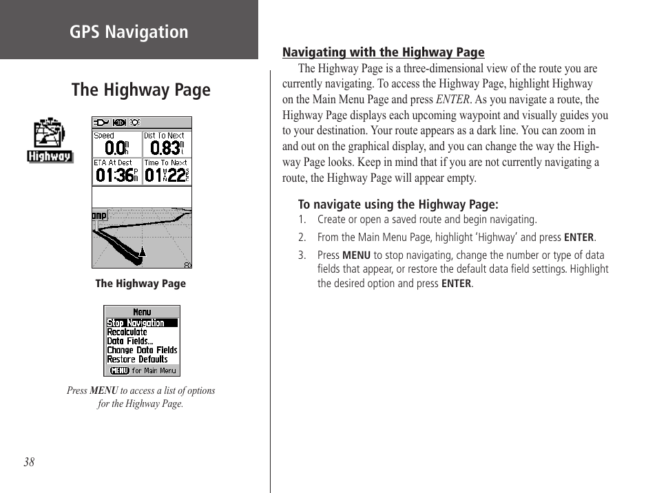 Gps navigation, The highway page | Garmin GPS 60 User Manual | Page 48 / 90