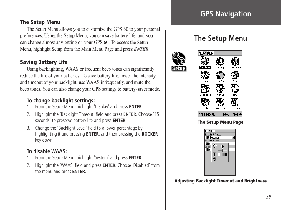 The setup menu, Saving battery life, Gps navigation | Garmin GPS 60 User Manual | Page 49 / 90