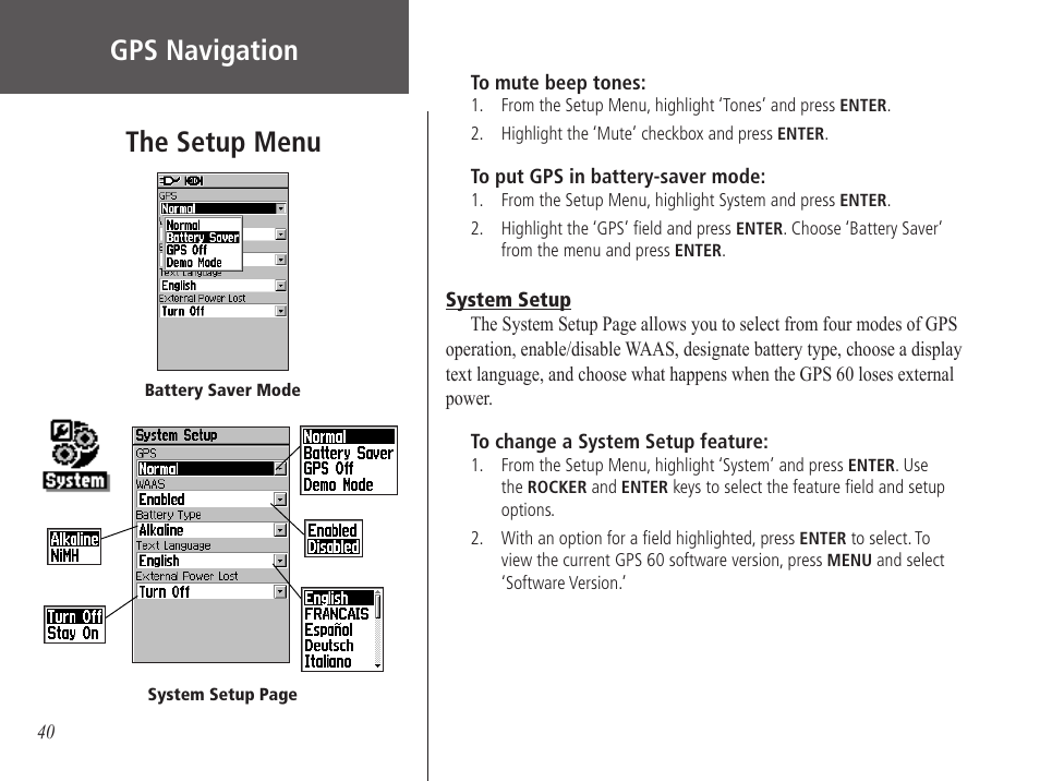 System setup, Gps navigation, The setup menu | Garmin GPS 60 User Manual | Page 50 / 90