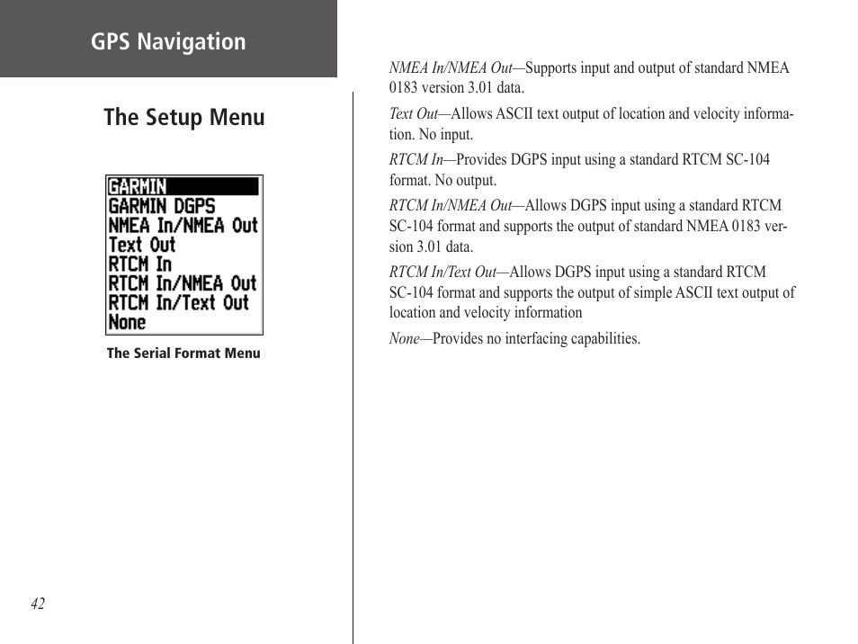 Gps navigation, The setup menu | Garmin GPS 60 User Manual | Page 52 / 90