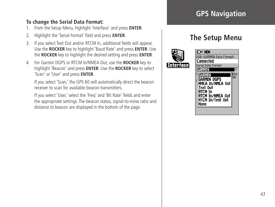 Gps navigation, The setup menu | Garmin GPS 60 User Manual | Page 53 / 90