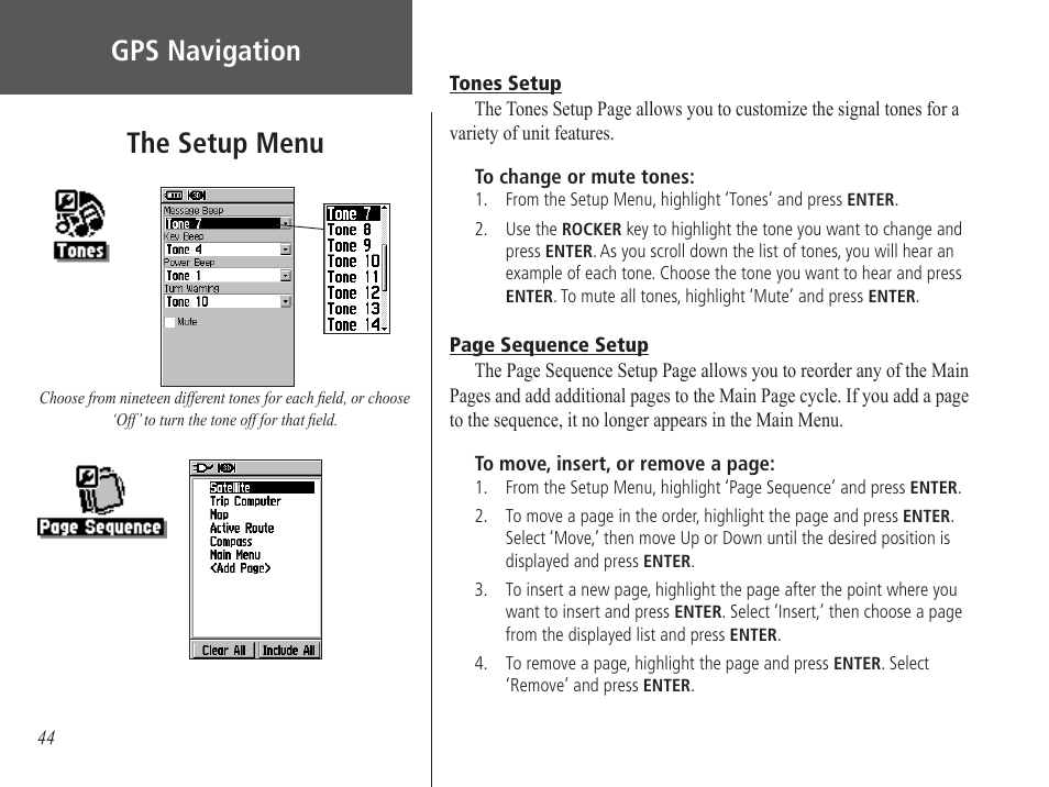 Tones setup, Gps navigation, The setup menu | Garmin GPS 60 User Manual | Page 54 / 90