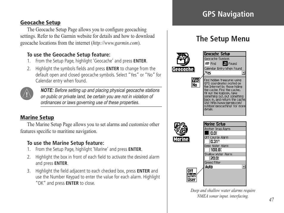 Geocache setup, Marine setup, The setup menu | Gps navigation | Garmin GPS 60 User Manual | Page 57 / 90