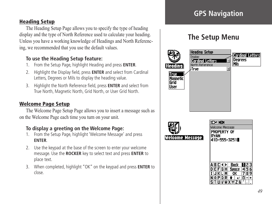 Heading setup, Gps navigation the setup menu | Garmin GPS 60 User Manual | Page 59 / 90
