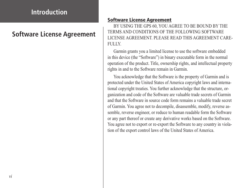 Software license agreement, Introduction | Garmin GPS 60 User Manual | Page 6 / 90