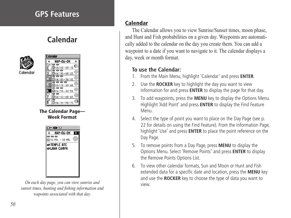 Gps features, Calendar | Garmin GPS 60 User Manual | Page 60 / 90