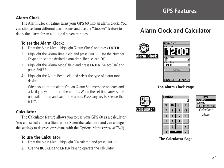 Alarm clock and calculator, Gps features | Garmin GPS 60 User Manual | Page 61 / 90