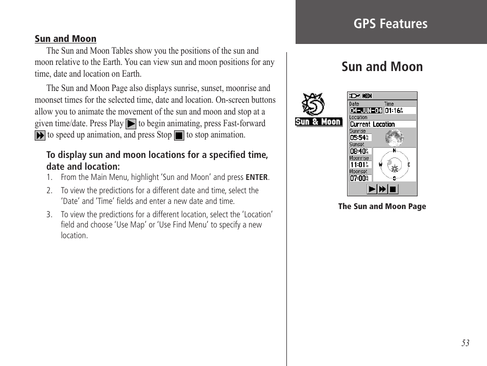 Sun and moon, Gps features | Garmin GPS 60 User Manual | Page 63 / 90